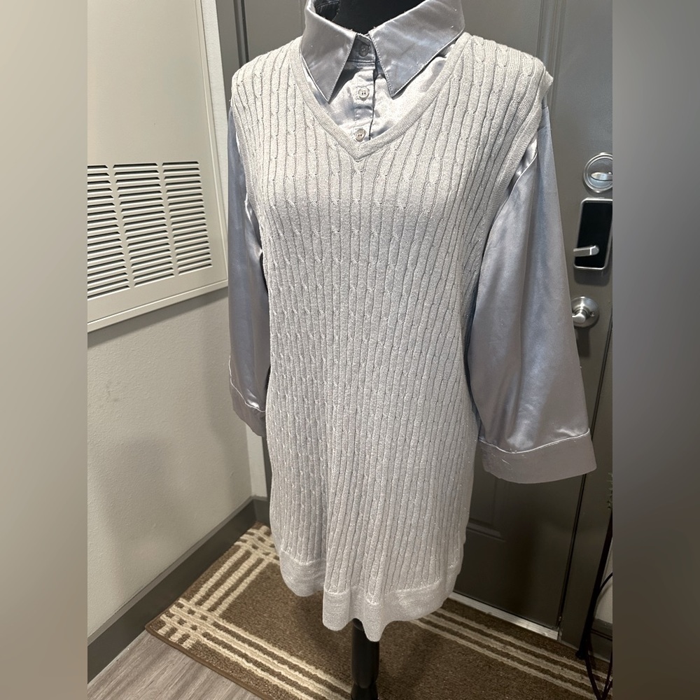 Silver Solid Button Front Drop Shoulder Shirt, - image 2